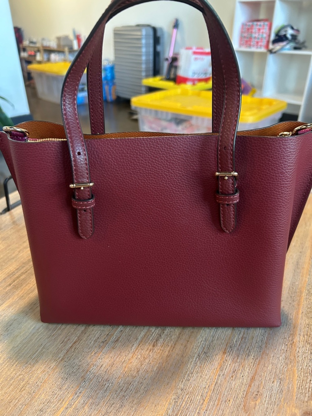 Coach Burgundy Pebbled Leather Tote with Gold Hardware - Picture 3 of 6